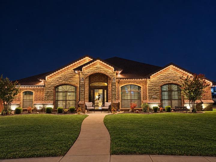 Warm white accent lighting on a stone and brick home
