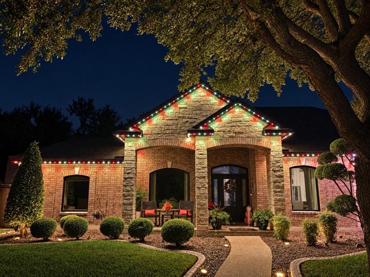 Red and green Christmas lighting on a brick home