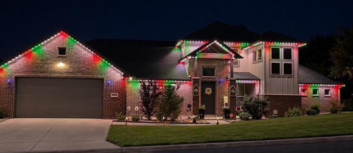 Red, green and white Christmas lighting on a brick home