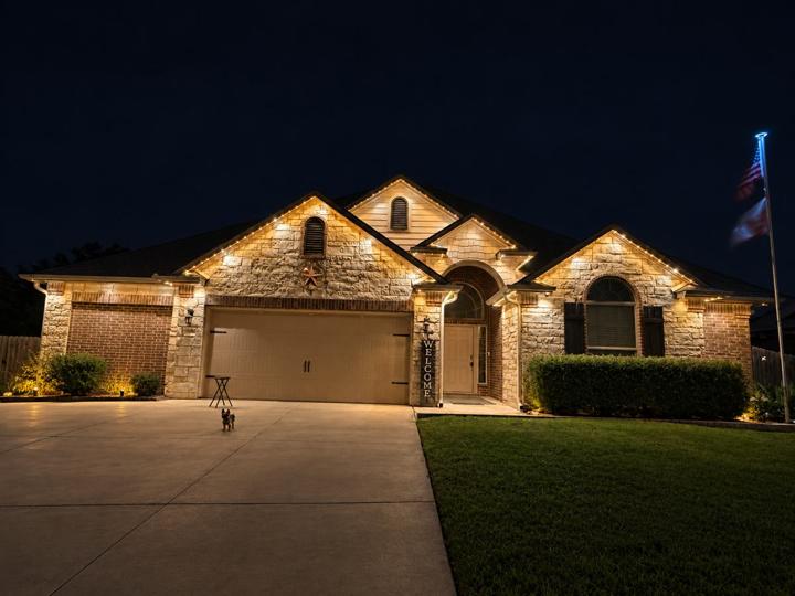 Warm white lighting on a stone home with an American flag